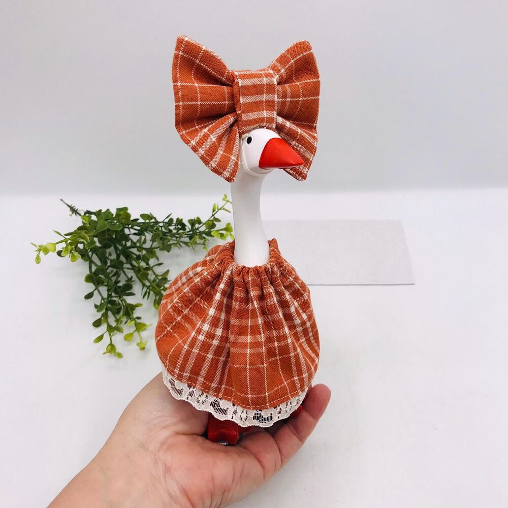 Desktop Goose Dress & Bow Outfit For 7" Mini Goose Handmade Orange Plaid